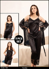5 Pcs Silk Nighty Set With Gown - 125